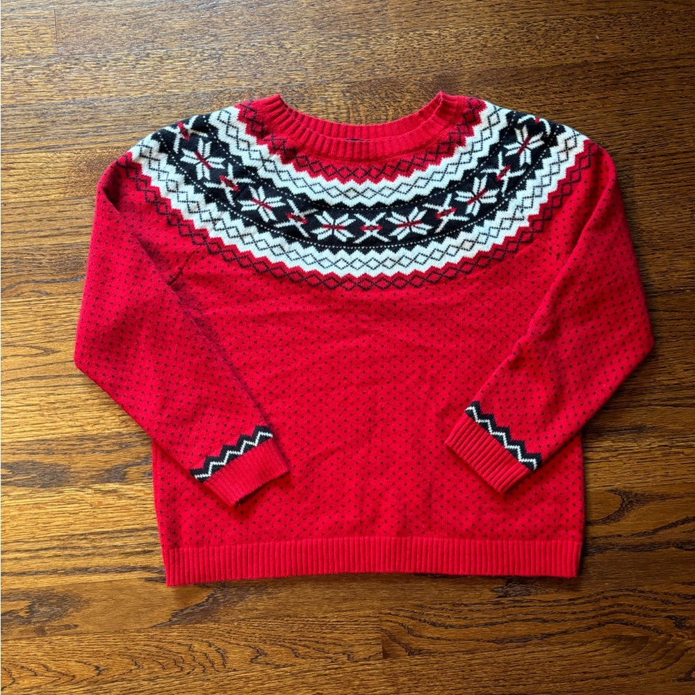 Women’s Red Fair Isle Crewneck Sweater Holiday Winter Knit Pullover Large Petite